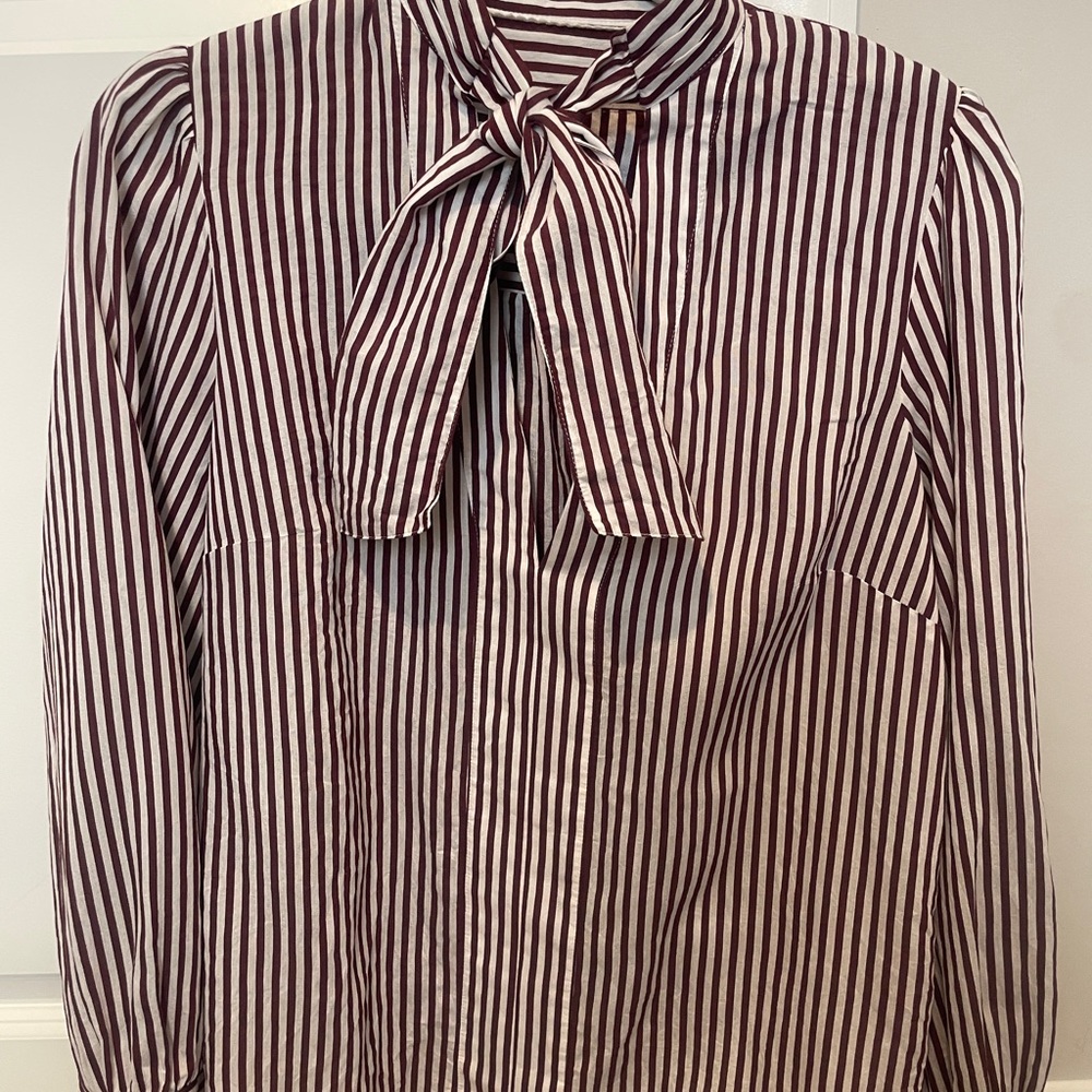 Maeve Burgundy and White Striped Blouse with Bow-Tie
